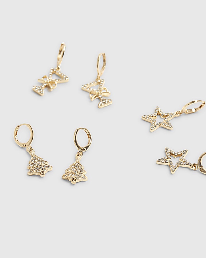 Gold Christmas 3 Pack Drop Earrings