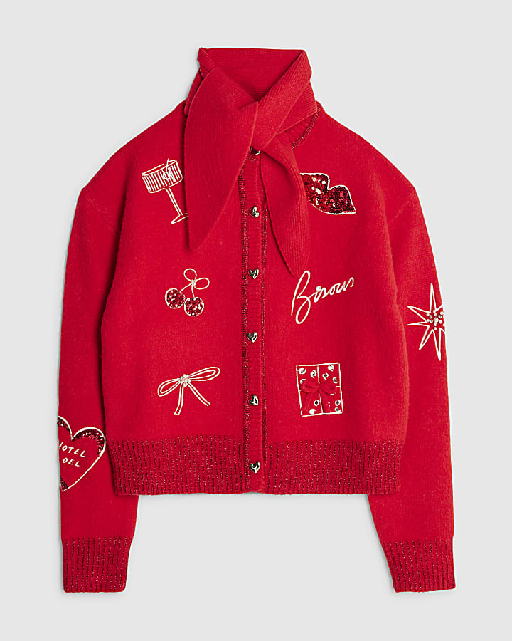 Nephthys Red Doodle Christmas Cardigan