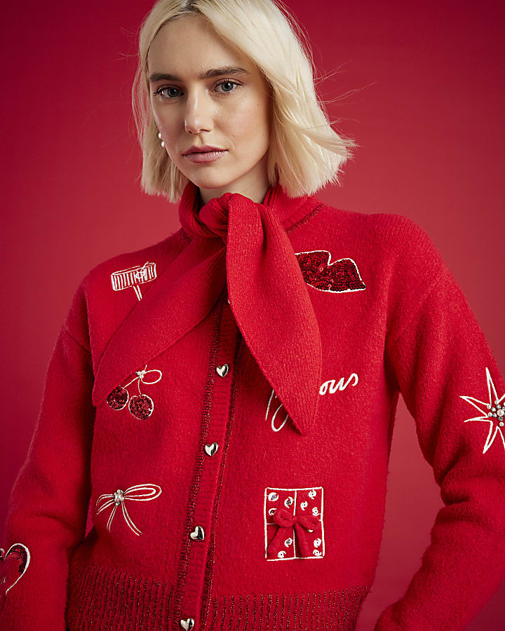 Nephthys Red Doodle Christmas Cardigan