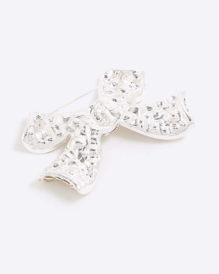 Silver Diamante Bow Brooch