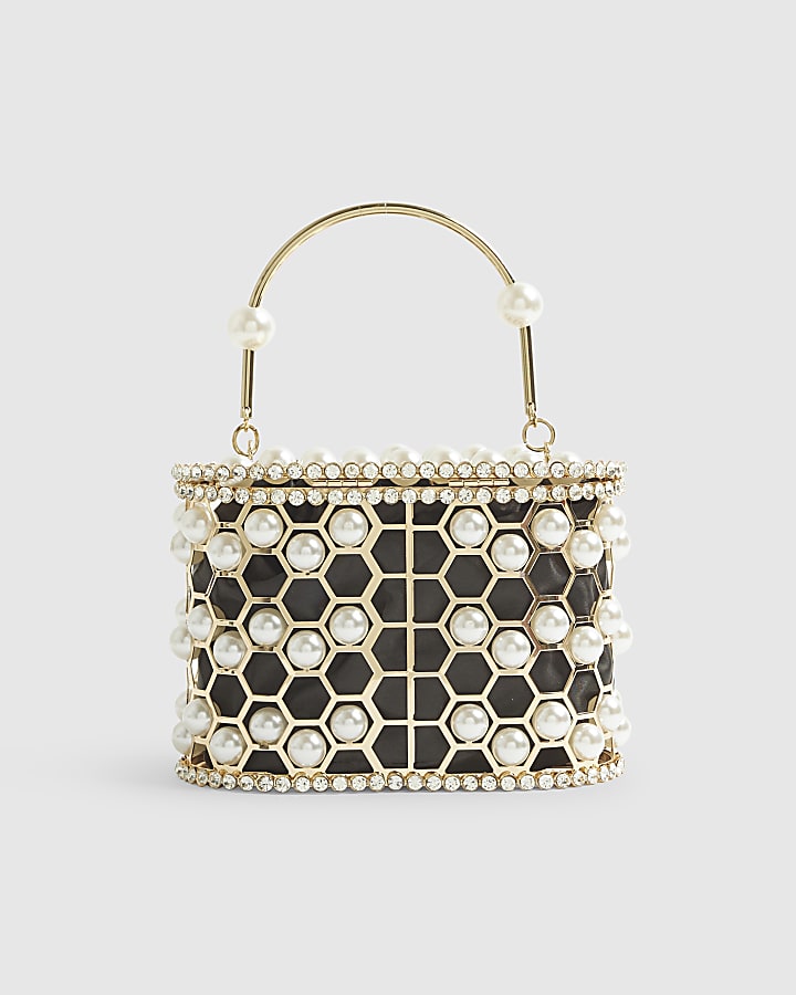 Gold Pearl Cage Basket Clutch Bag
