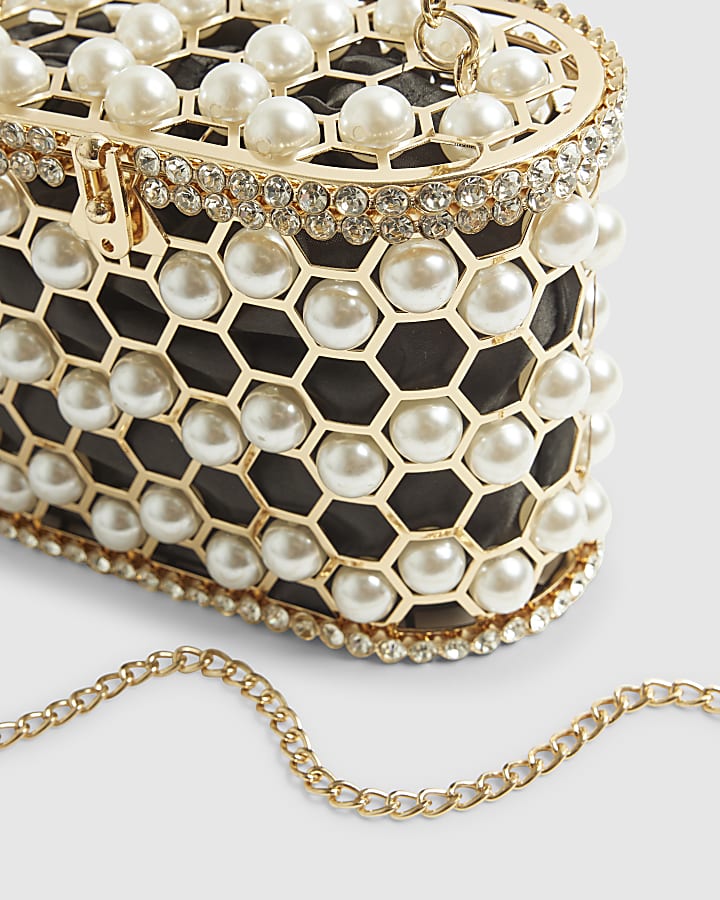 Gold Pearl Cage Basket Clutch Bag