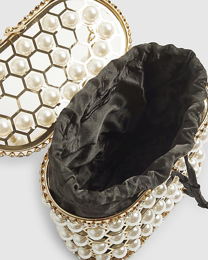 Gold Pearl Cage Basket Clutch Bag