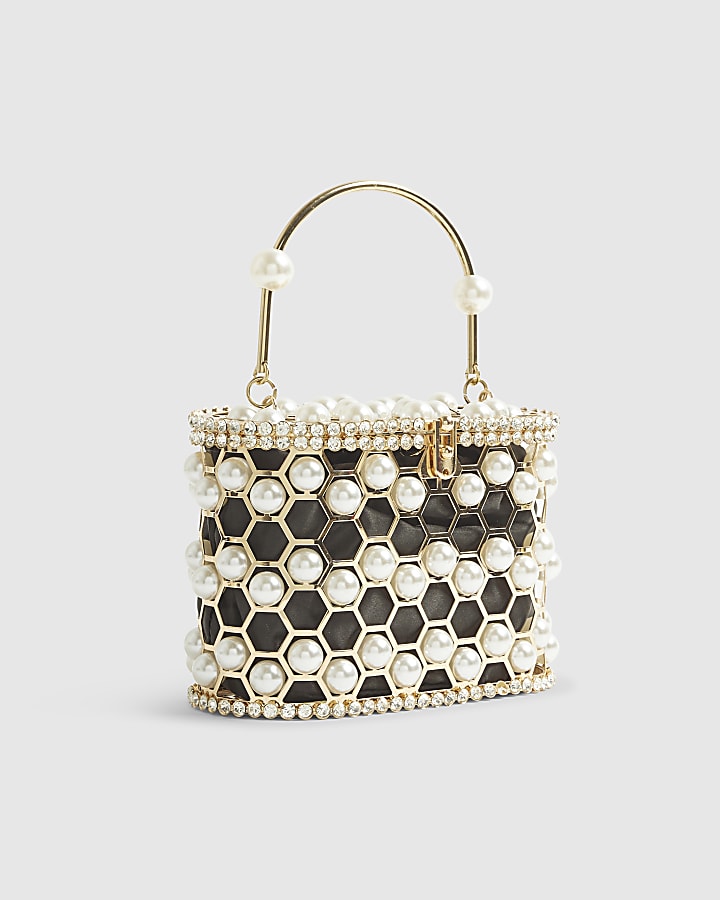 Gold Pearl Cage Basket Clutch Bag