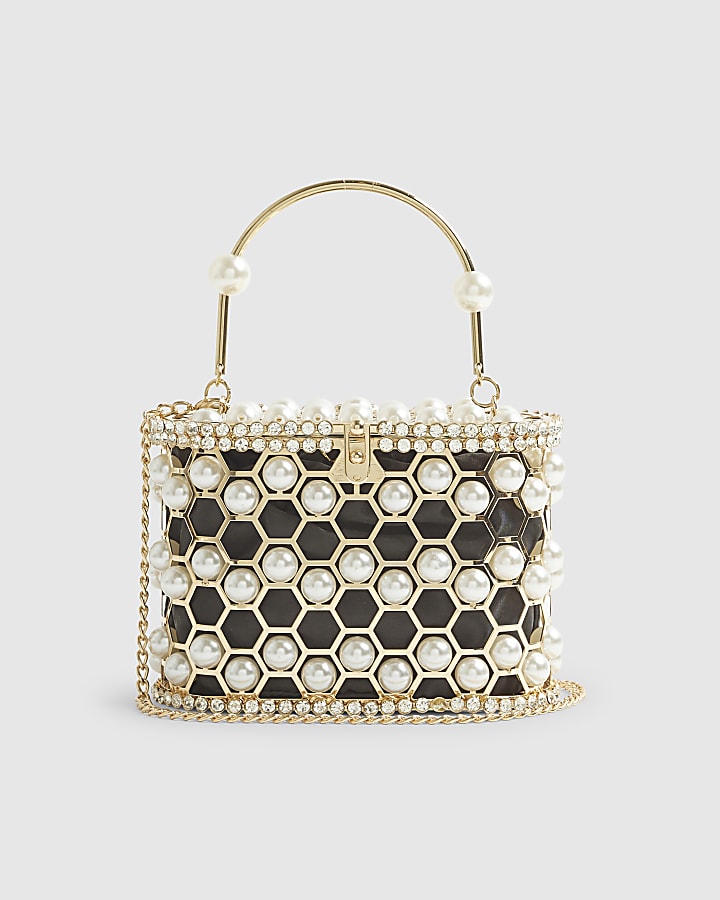 Gold Pearl Cage Basket Clutch Bag