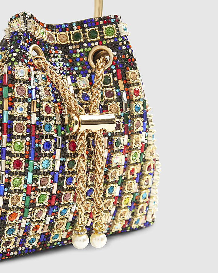 Gold Gem Embellished Bucket Clutch Bag