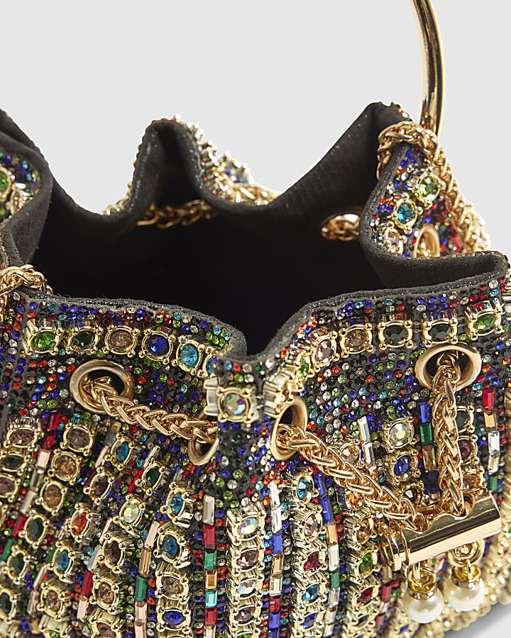 Gold Gem Embellished Bucket Clutch Bag
