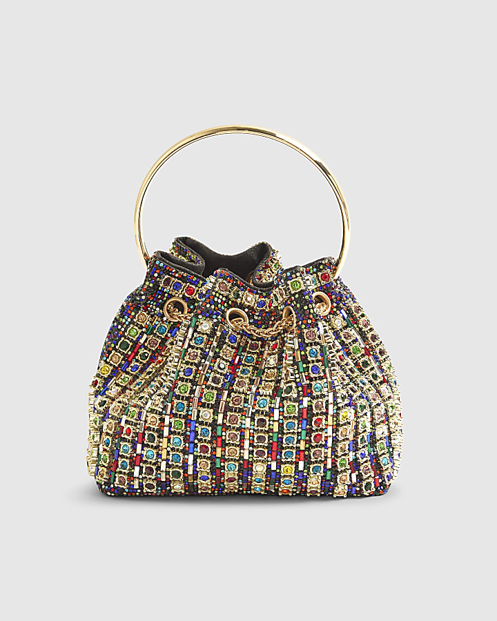 Gold Gem Embellished Bucket Clutch Bag