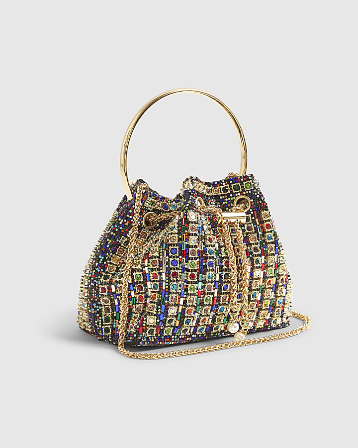 Gold Gem Embellished Bucket Clutch Bag