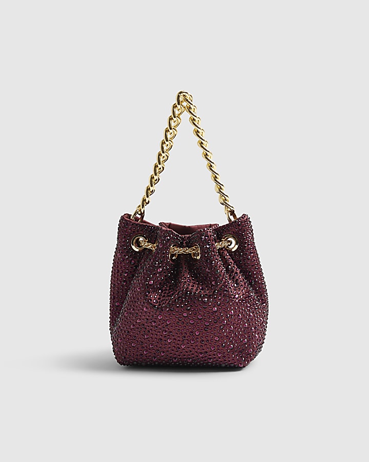 Red Diamante Drawstring Bucket Clutch Bag