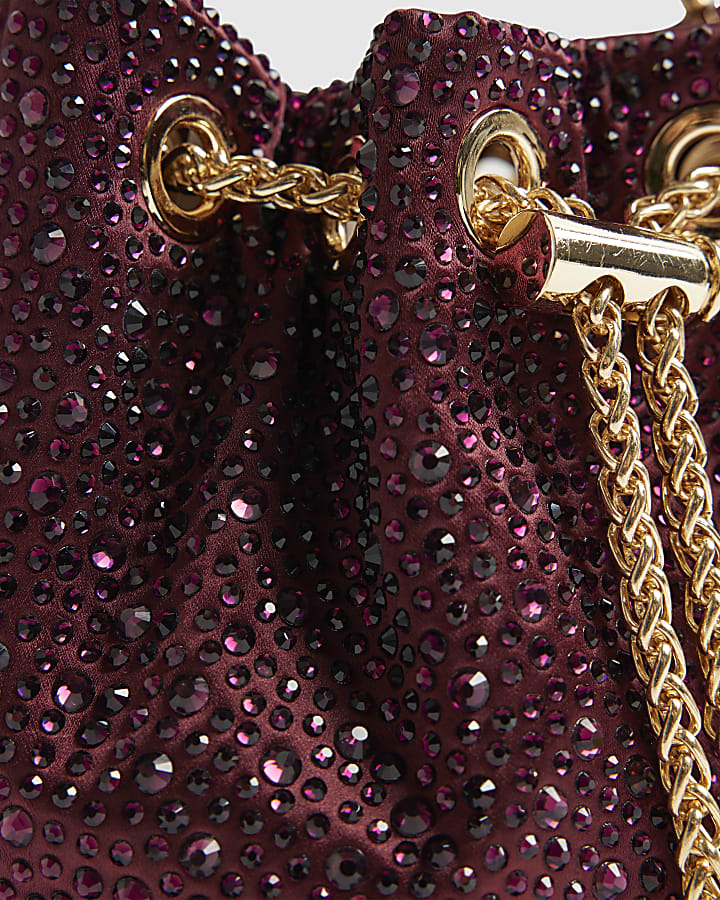 Red Diamante Drawstring Bucket Clutch Bag