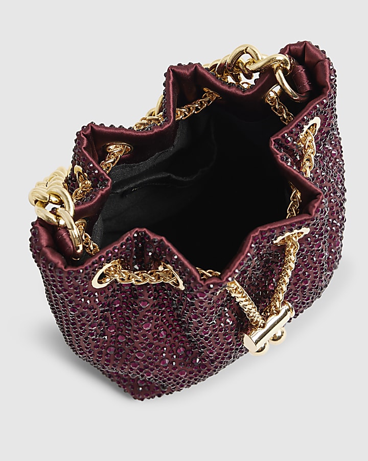 Red Diamante Drawstring Bucket Clutch Bag