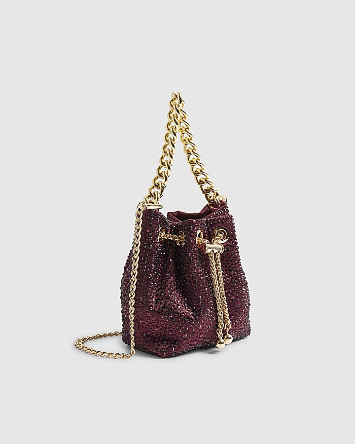 Red Diamante Drawstring Bucket Clutch Bag