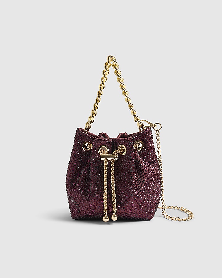 Red Diamante Drawstring Bucket Clutch Bag