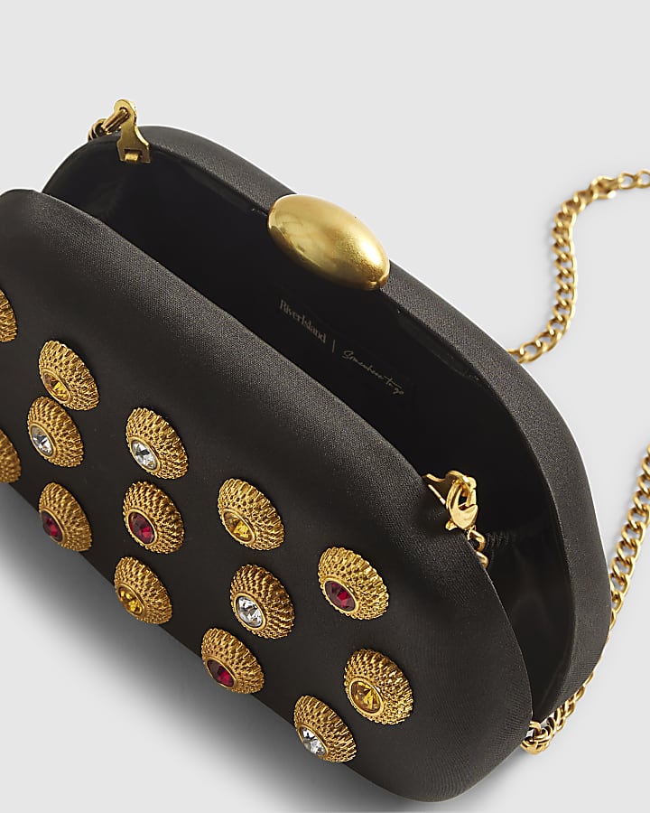 Black Mixed Gem Hard Shell Clutch Bag