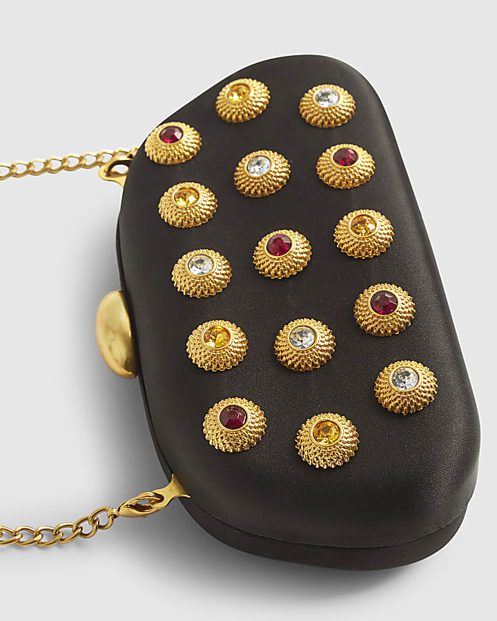 Black Mixed Gem Hard Shell Clutch Bag
