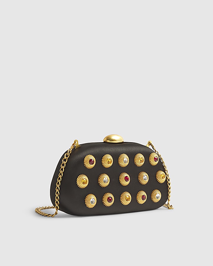 Black Mixed Gem Hard Shell Clutch Bag