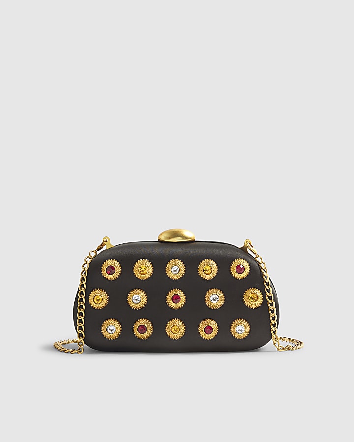 Black Mixed Gem Hard Shell Clutch Bag