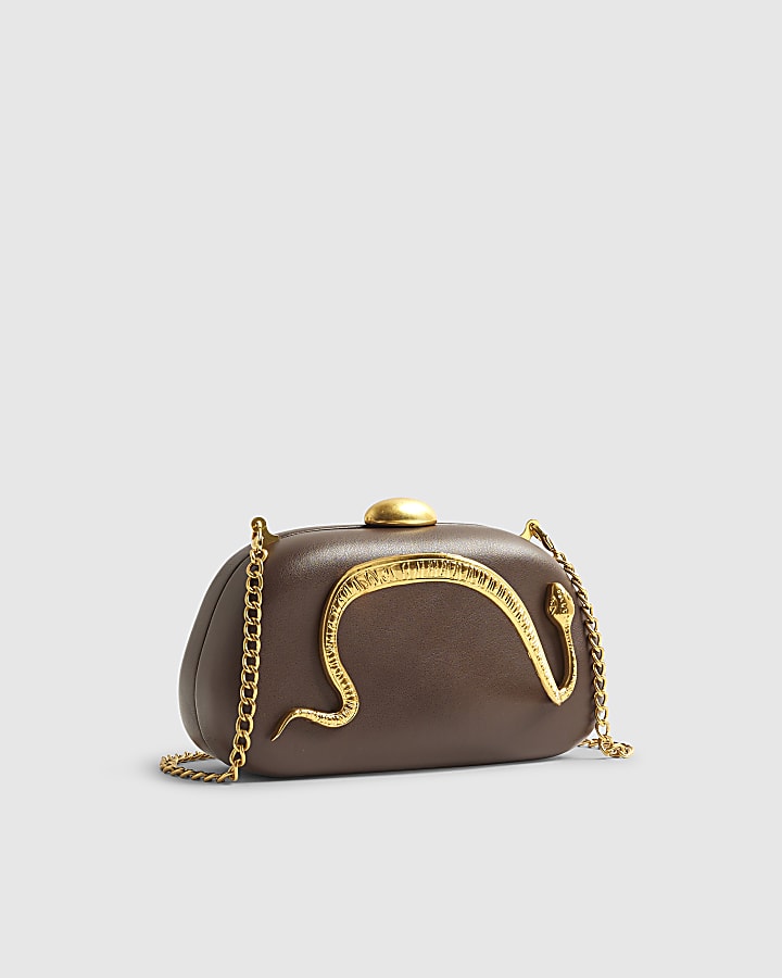 Brown Snake Trim Clutch Bag