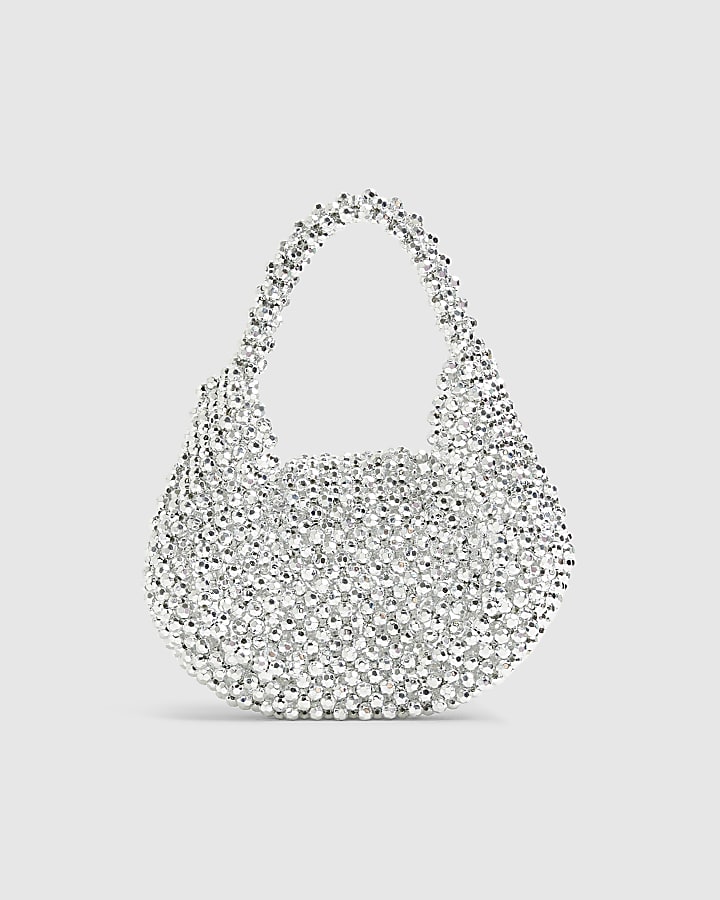 Silver Beaded Scoop Clutch bag