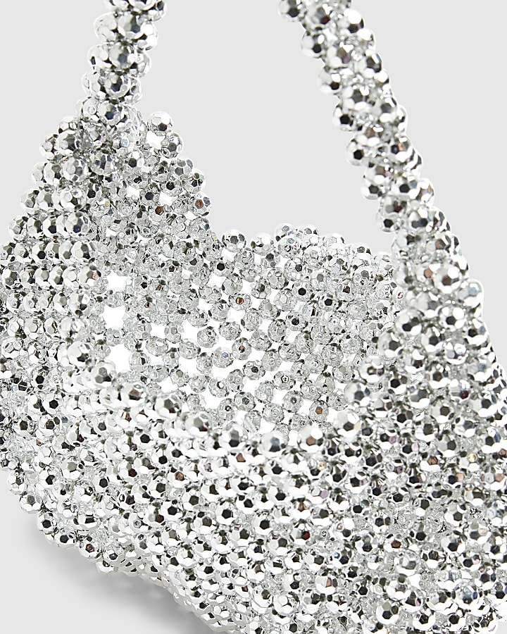 Silver Beaded Scoop Clutch bag