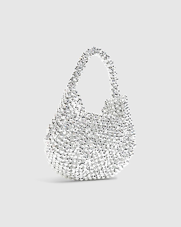 Silver Beaded Scoop Clutch bag