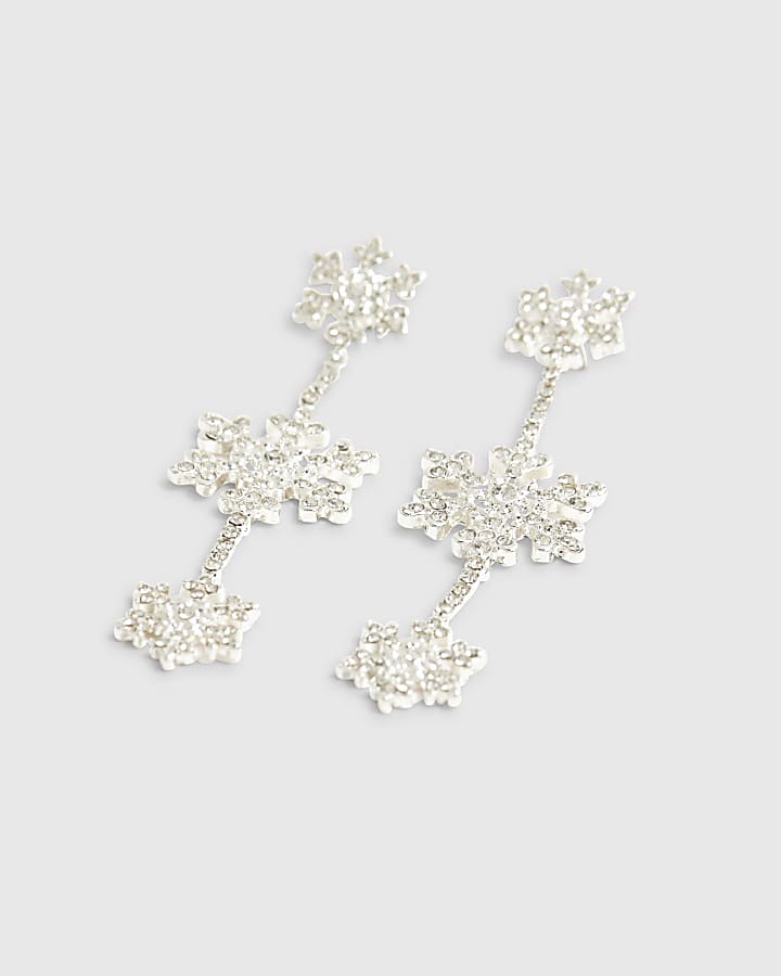 Silver Triple Snowflake Drop Earrings