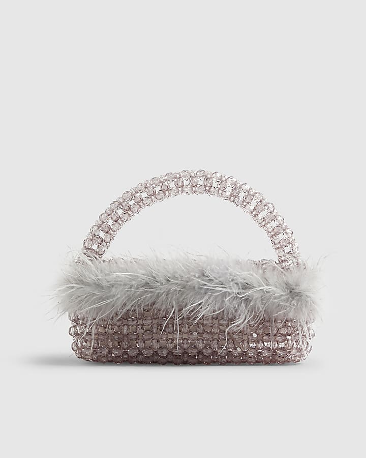 Grey Beaded Feather Trim Clutch Bag