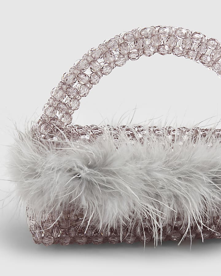 Grey Beaded Feather Trim Clutch Bag