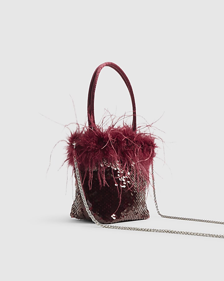 Red Feather Sequin Grab Clutch Bag