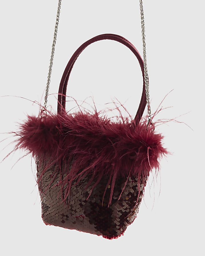 Red Feather Sequin Grab Clutch Bag