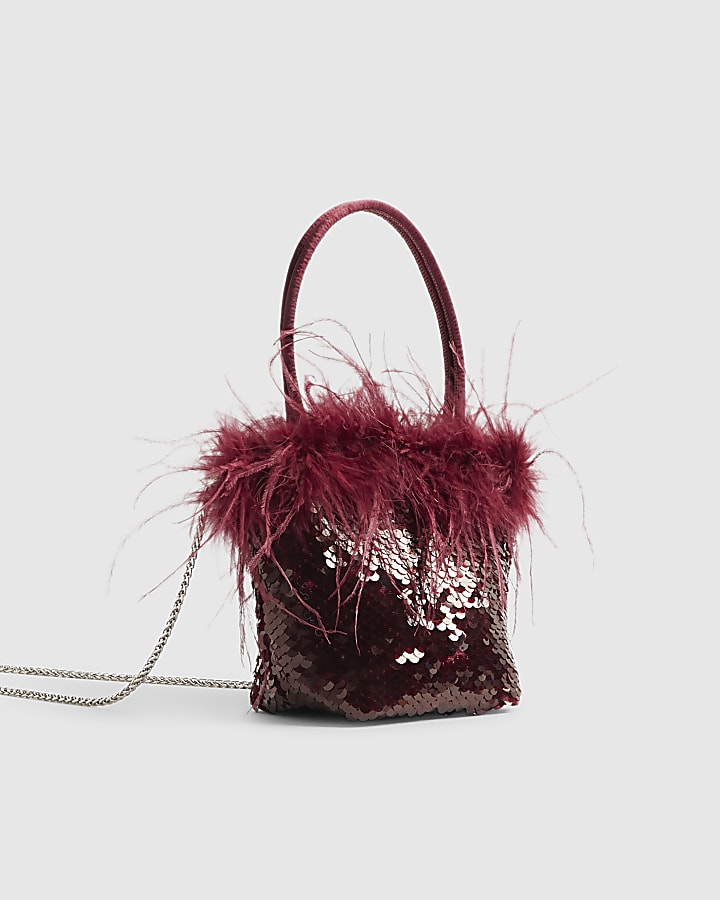 Red Feather Sequin Grab Clutch Bag