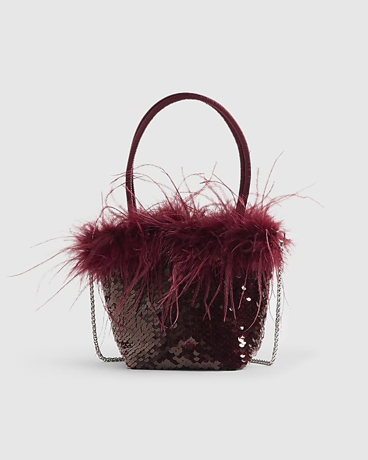 Red Feather Sequin Grab Clutch Bag