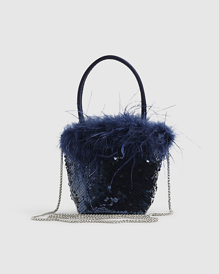 Blue - Dark Feather Sequin Grab Clutch