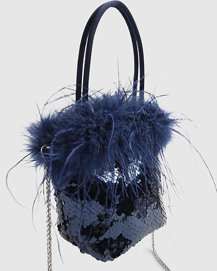 Blue - Dark Feather Sequin Grab Clutch