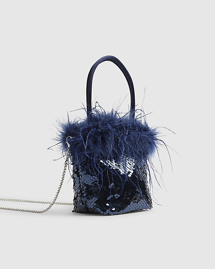 Blue - Dark Feather Sequin Grab Clutch