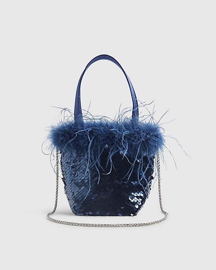 Blue - Dark Feather Sequin Grab Clutch