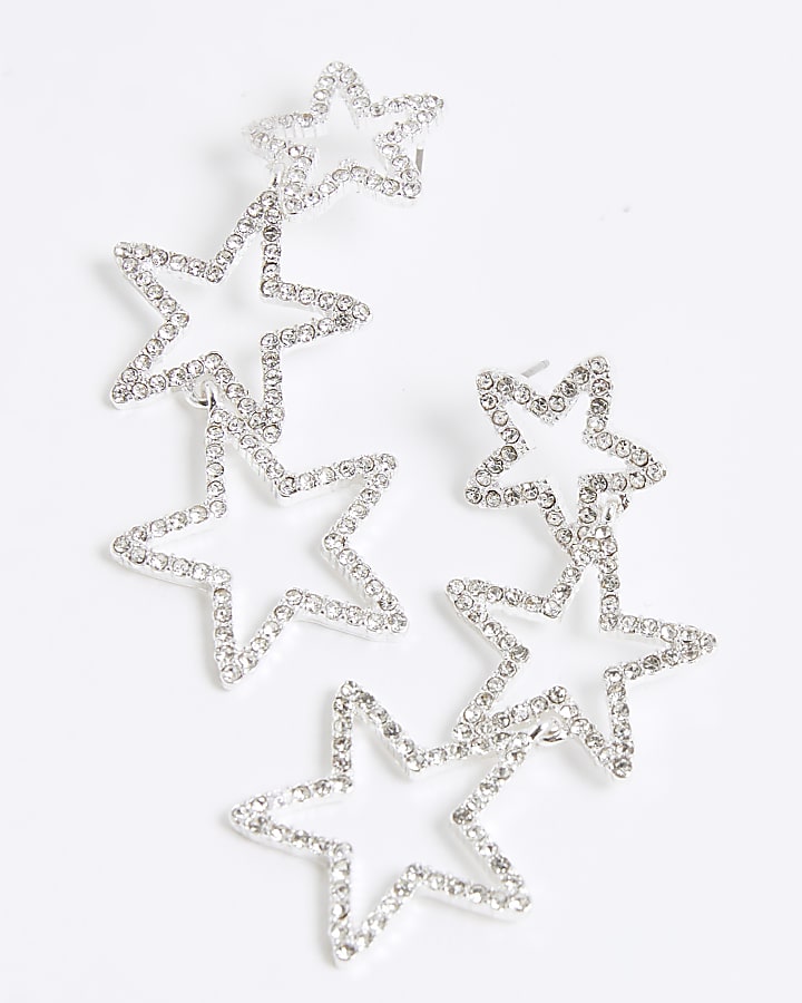 Silver Triple Star Drop Earrings