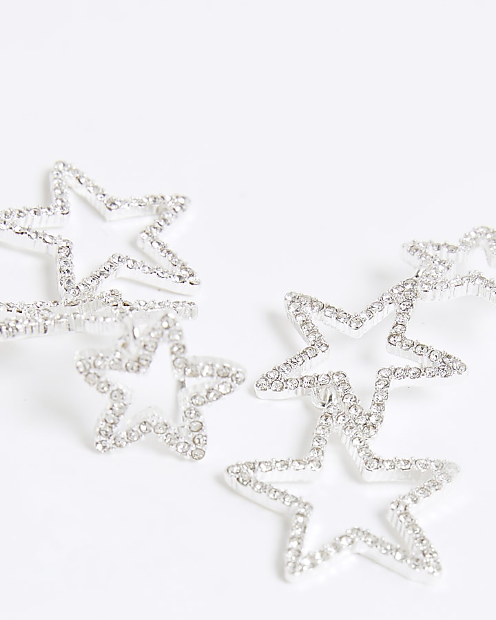 Silver Triple Star Drop Earrings