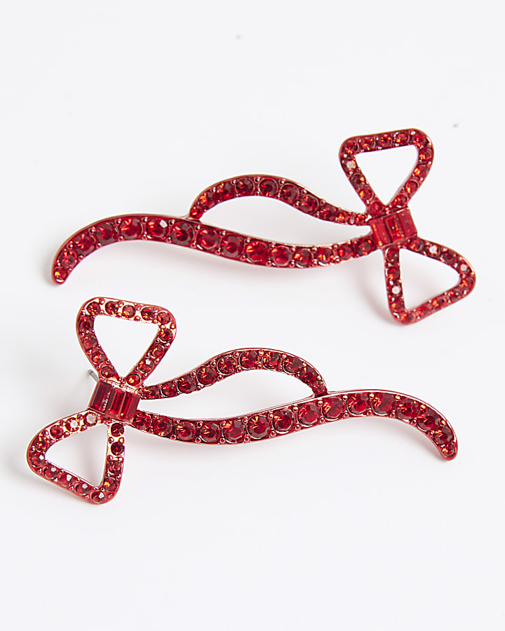 Red Diamante Bow Stud Earrings
