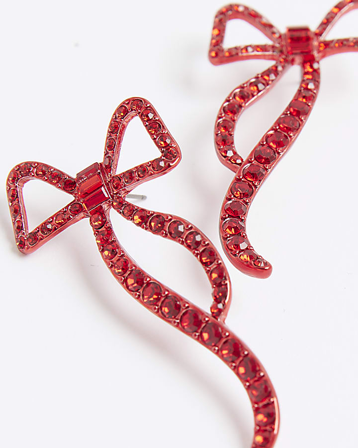 Red Diamante Bow Stud Earrings