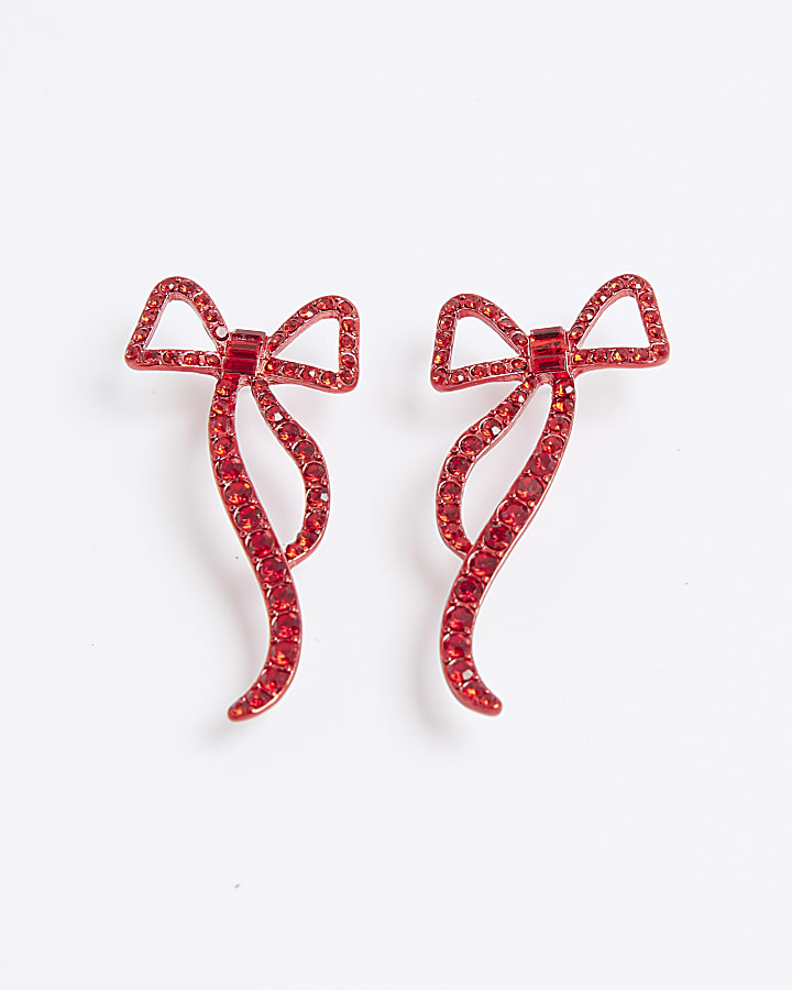 Red Diamante Bow Stud Earrings