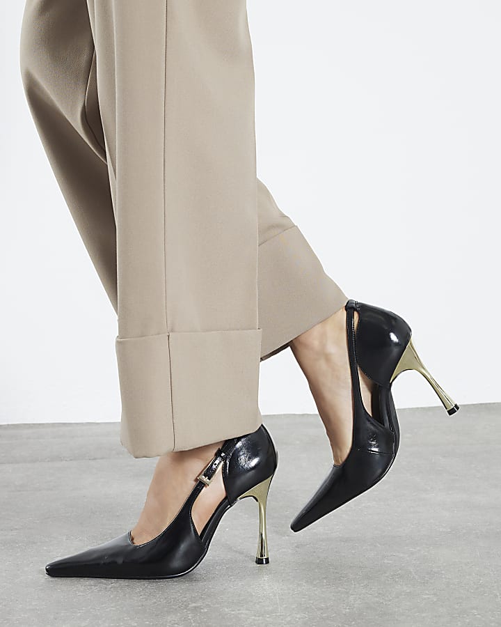 Black Wide Fit Metal Heel Pointed Court Shoes