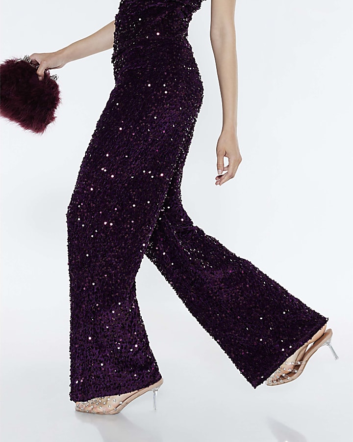 Red Pull On Velvet Sequin Trousers