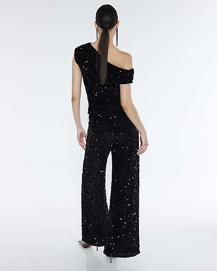 Black Pull On Velvet Sequin Trousers