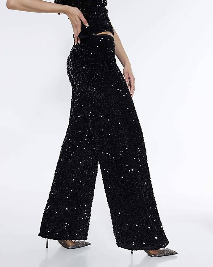 Black Pull On Velvet Sequin Trousers