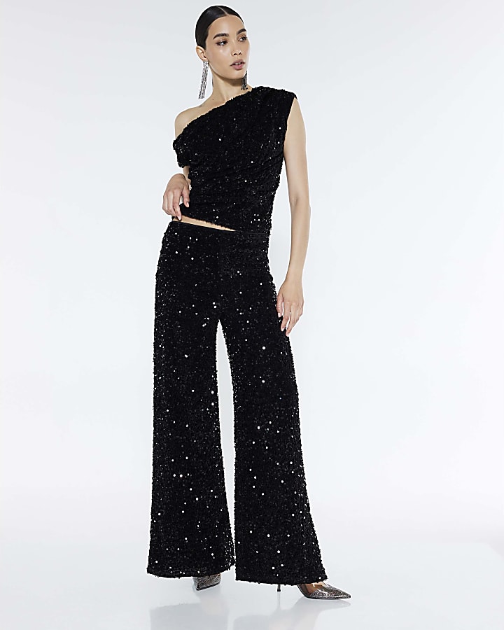 Black Pull On Velvet Sequin Trousers