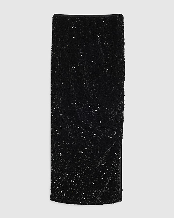 Black Velvet Sequin Ruched Midi Skirt