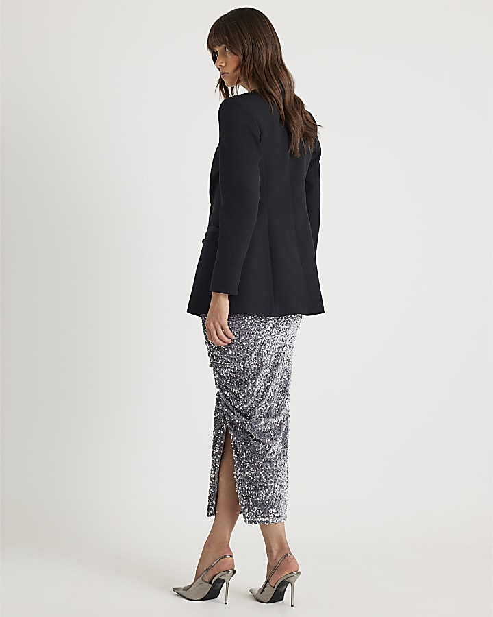 Silver Ruched Side Velvet Sequin Midi Skirt