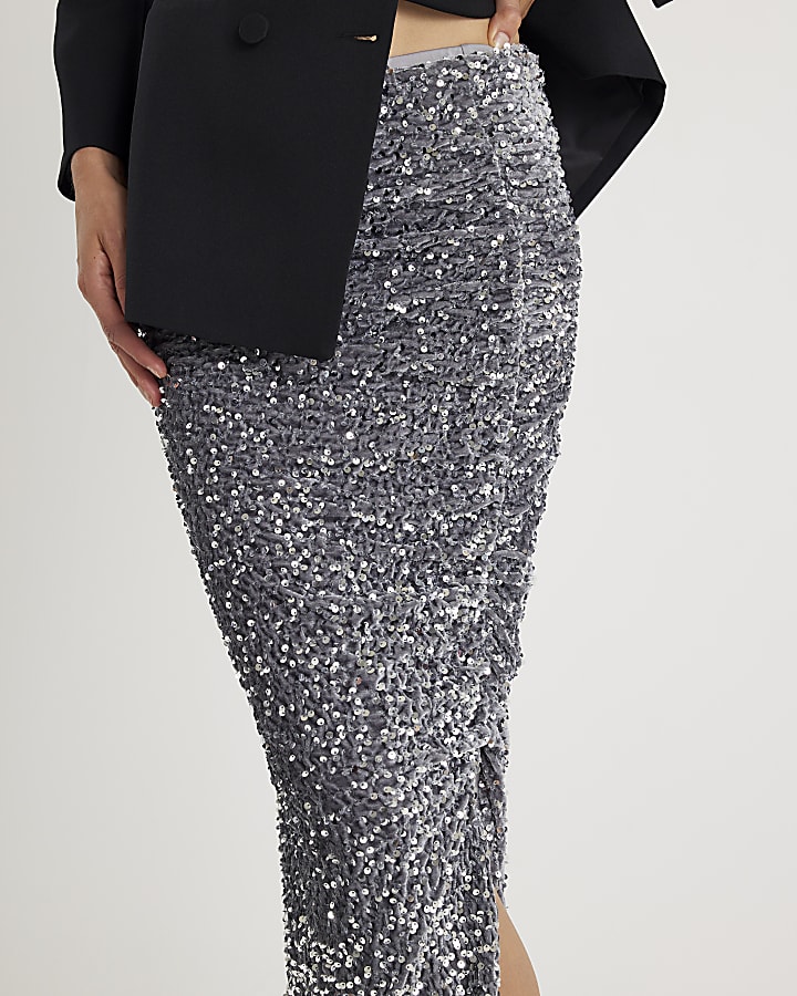 Silver Ruched Side Velvet Sequin Midi Skirt